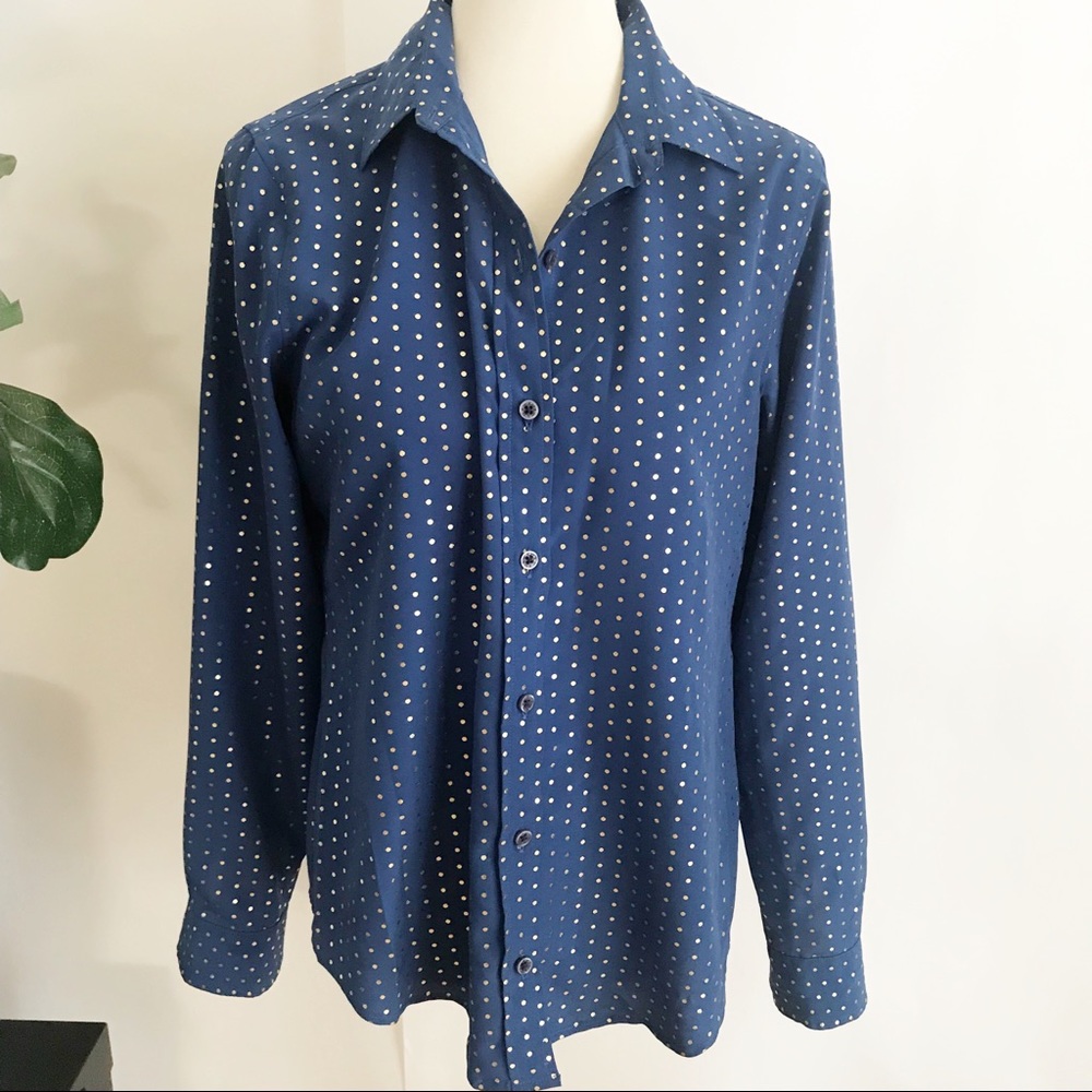 C. Wonder blue button down shirt with gold dots